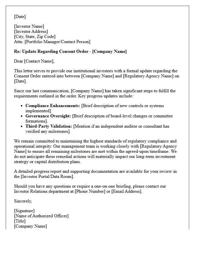 Institutional Investor Consent Order Update Letter