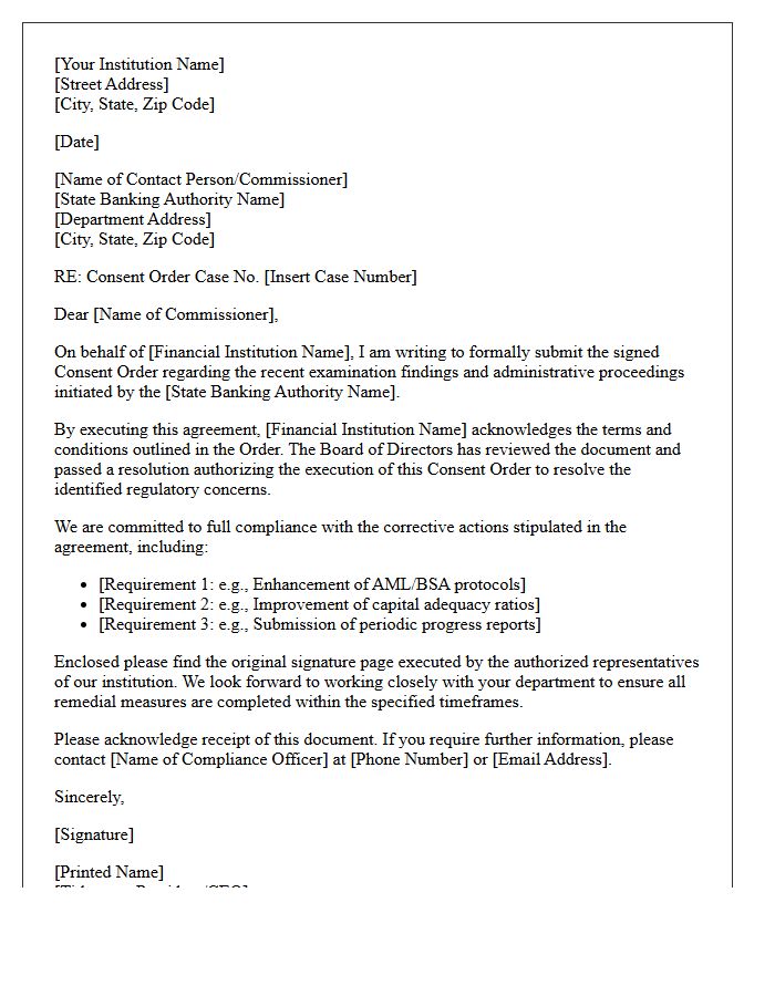 State Banking Authority Consent Order Agreement Letter