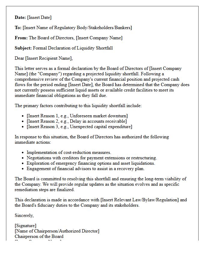 Board Of Directors Liquidity Shortfall Declaration Letter