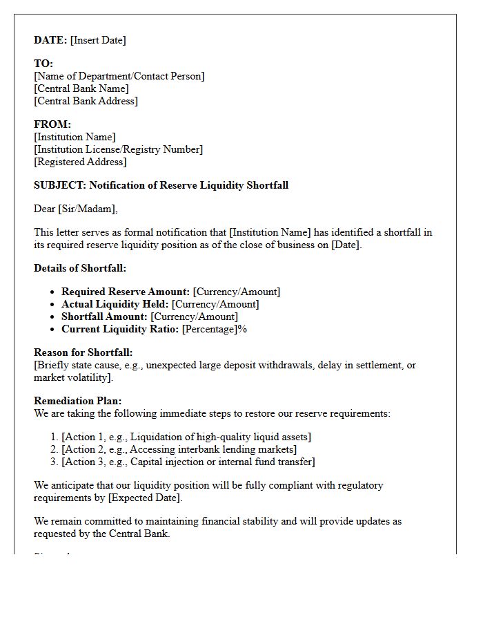 Central Bank Reserve Liquidity Shortfall Notification Letter