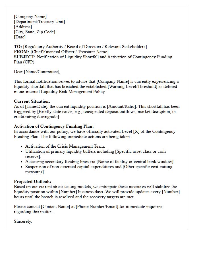 Contingency Funding Plan Liquidity Shortfall Letter