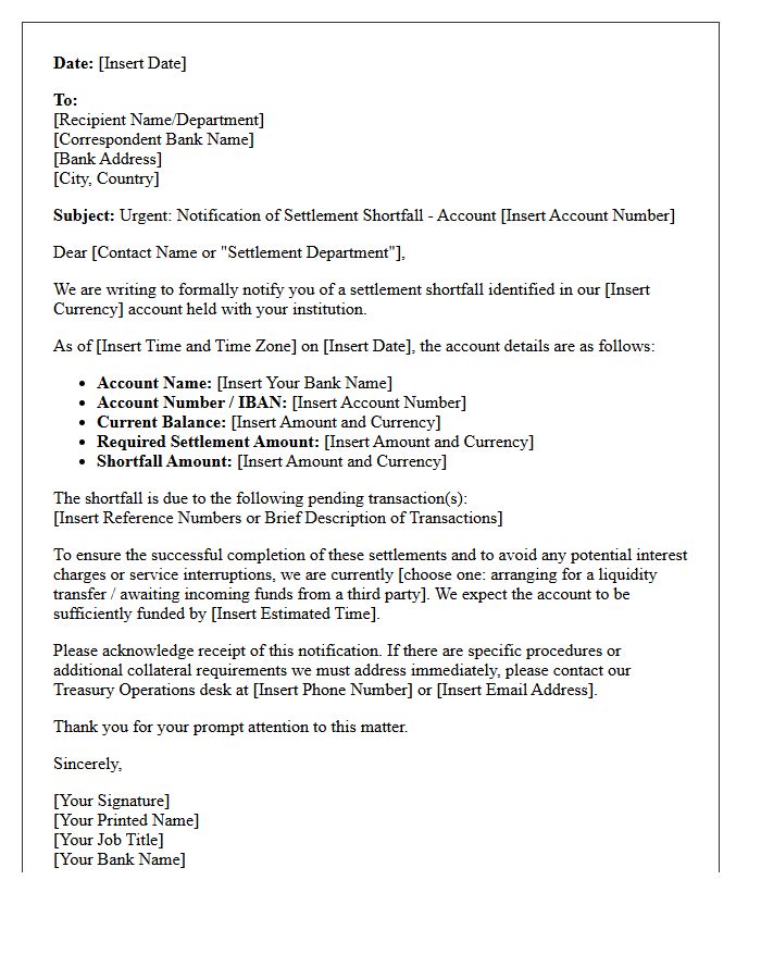Correspondent Bank Settlement Shortfall Notification Letter