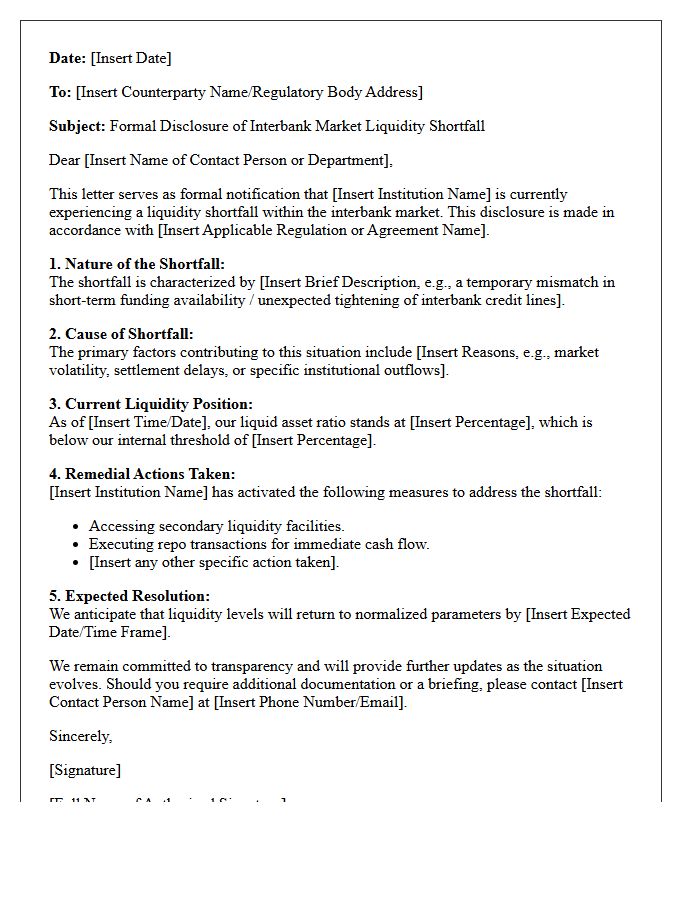 Interbank Market Liquidity Shortfall Disclosure Letter