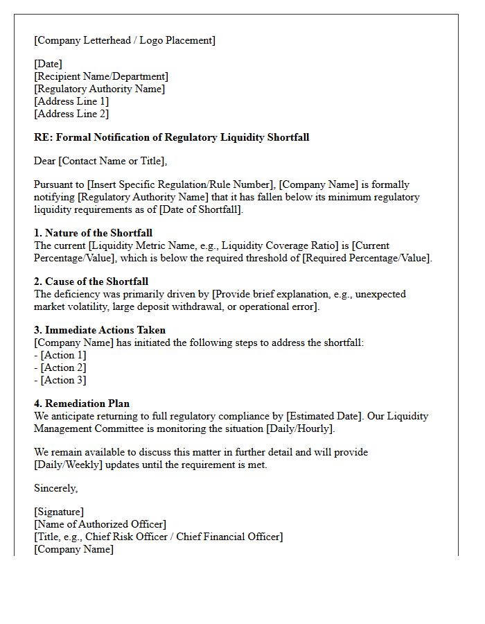 Regulatory Liquidity Shortfall Notification Letter