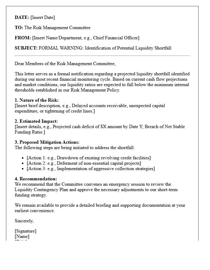 Risk Management Committee Liquidity Shortfall Warning Letter