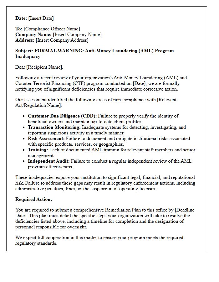 Anti-Money Laundering Program Inadequacy Warning Letter