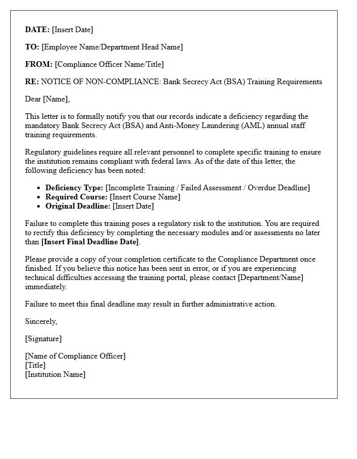 Bank Secrecy Act Staff Training Deficiency Letter