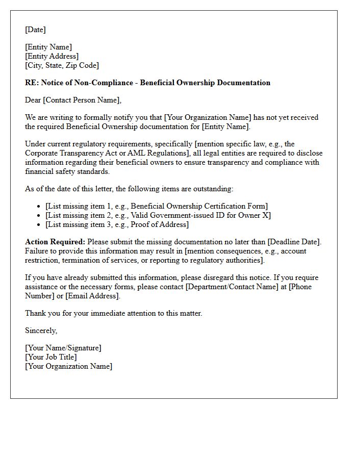 Beneficial Ownership Documentation Non-Compliance Letter