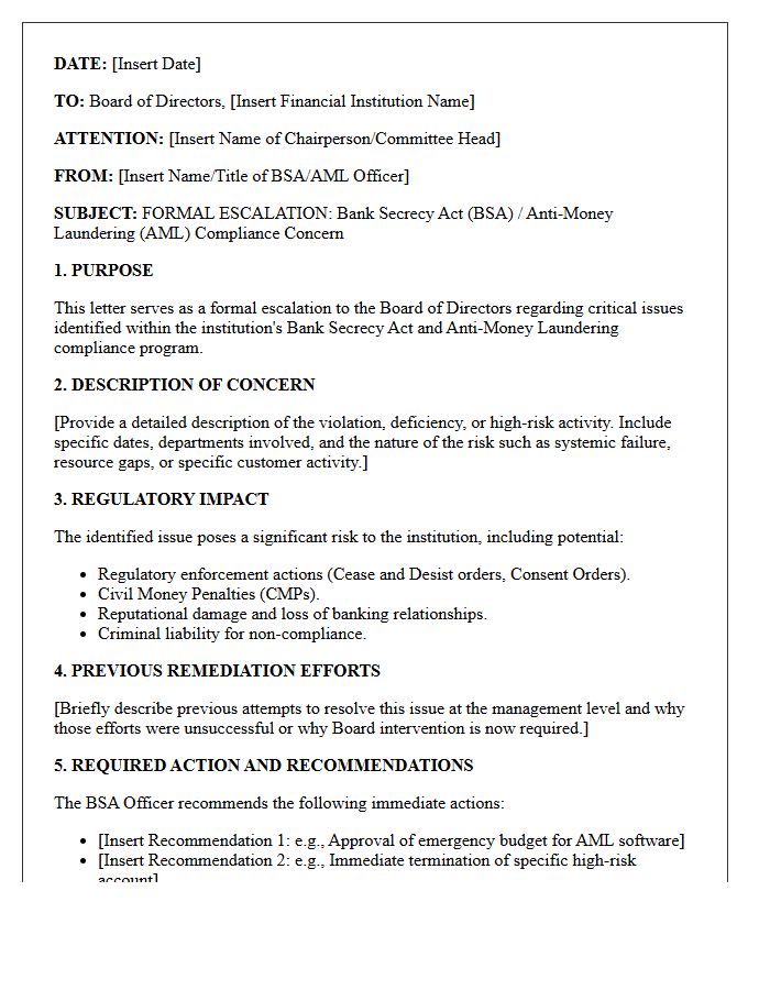 Board Of Directors Bank Secrecy Act Escalation Letter
