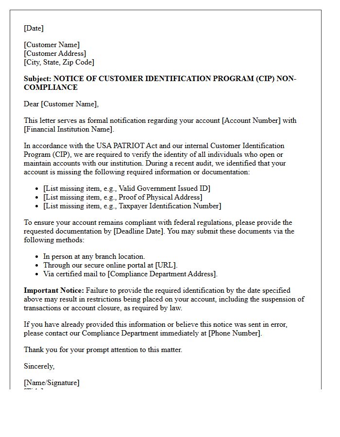 Customer Identification Program Violation Notice Letter