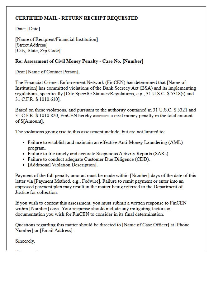 Financial Crimes Enforcement Network Civil Money Penalty Letter