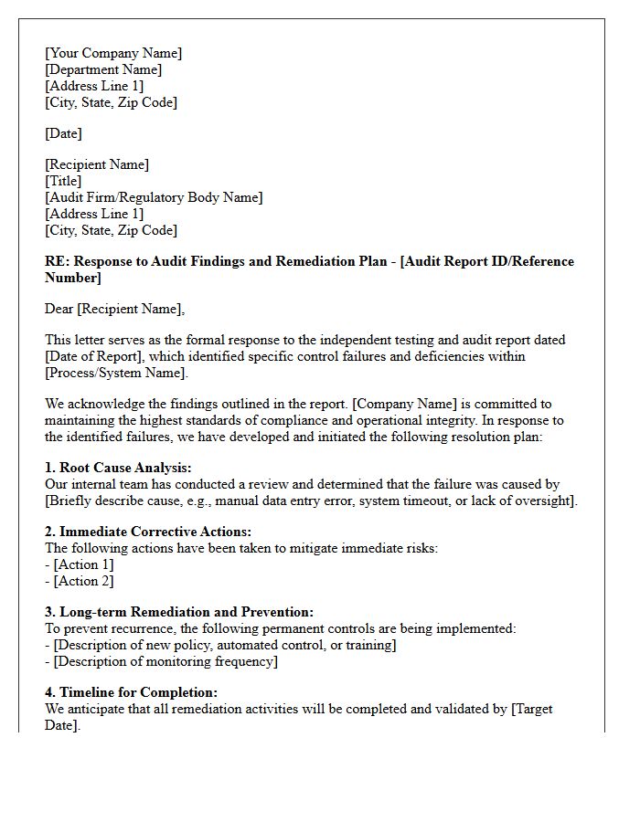 Independent Testing And Audit Failure Resolution Letter