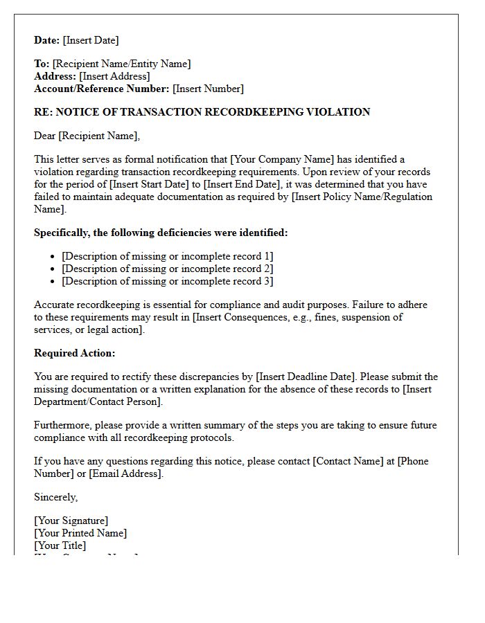 Transaction Recordkeeping Requirement Violation Letter