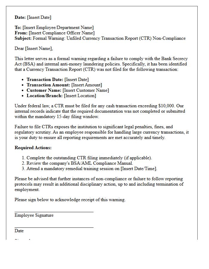 Unfiled Currency Transaction Report Non-Compliance Warning Letter