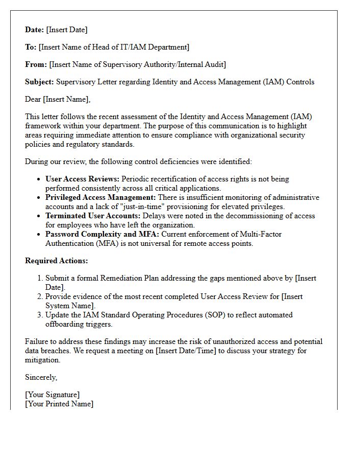 Identity and Access Management Control Supervisory Letter