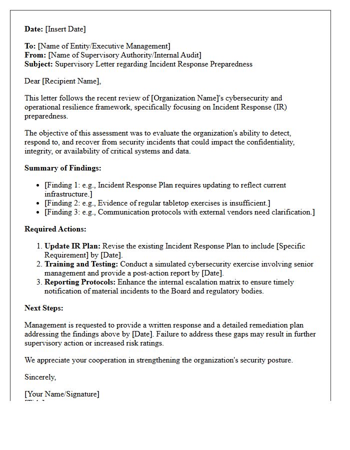 Incident Response Preparedness Supervisory Letter