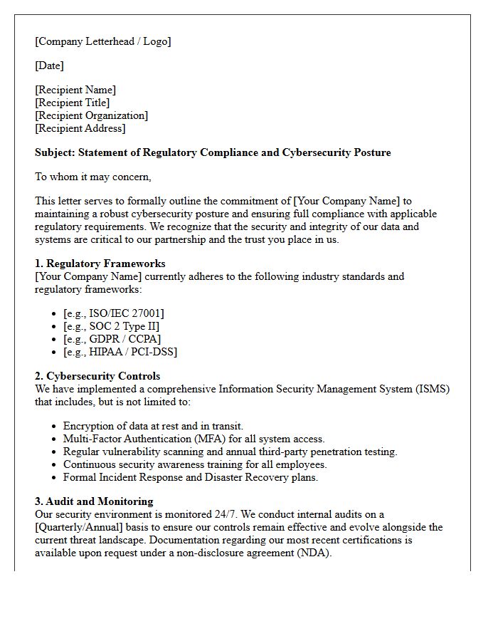 Regulatory Compliance and Cybersecurity Posture Letter