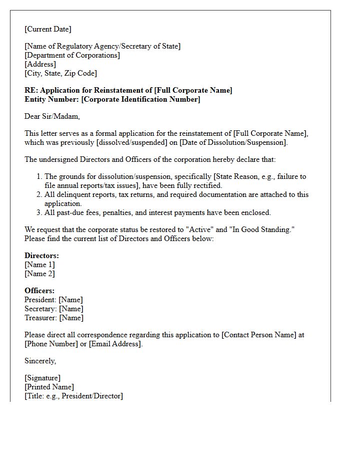 Corporate Directors and Officers Reinstatement Application Letter