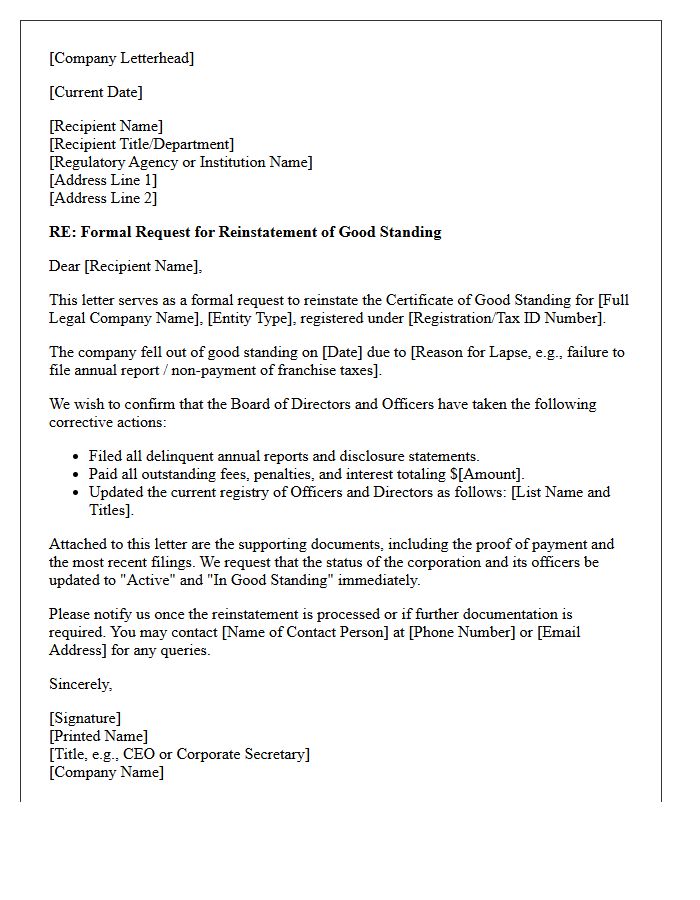 Directors and Officers Good Standing Reinstatement Letter