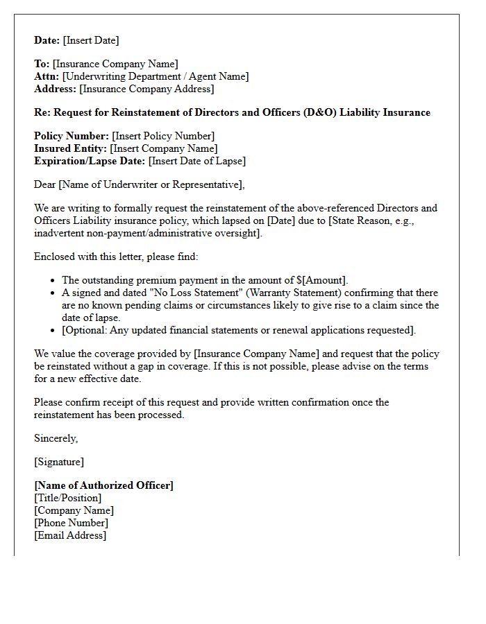 Directors and Officers Lapsed Policy Reinstatement Letter