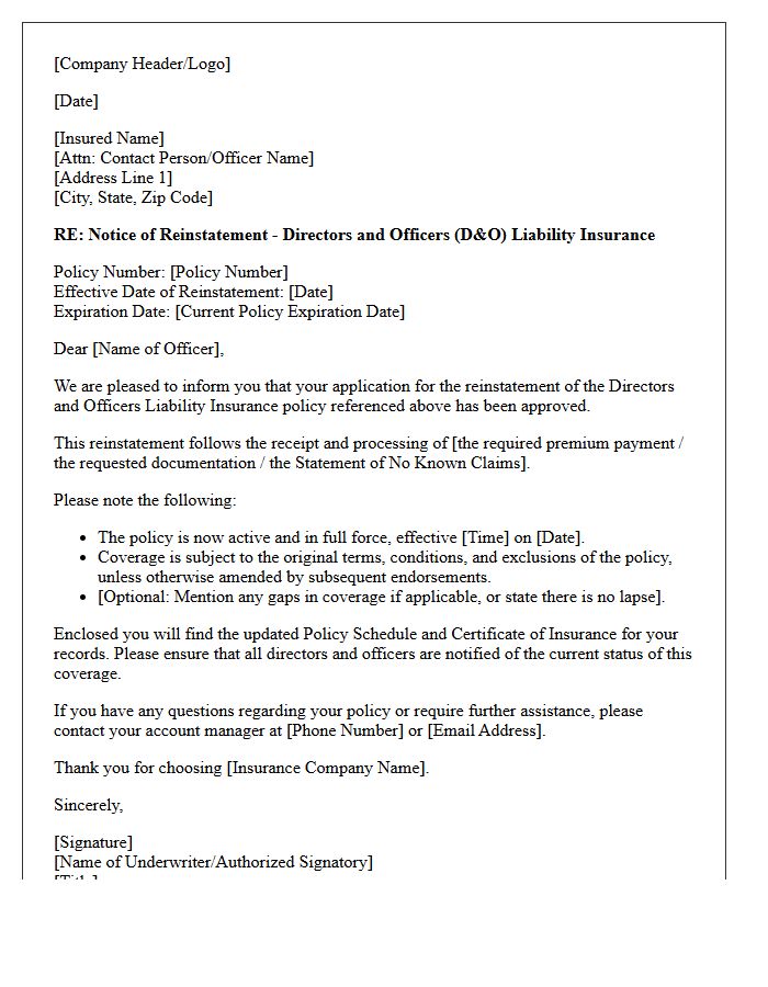 Directors and Officers Liability Reinstatement Approval Letter