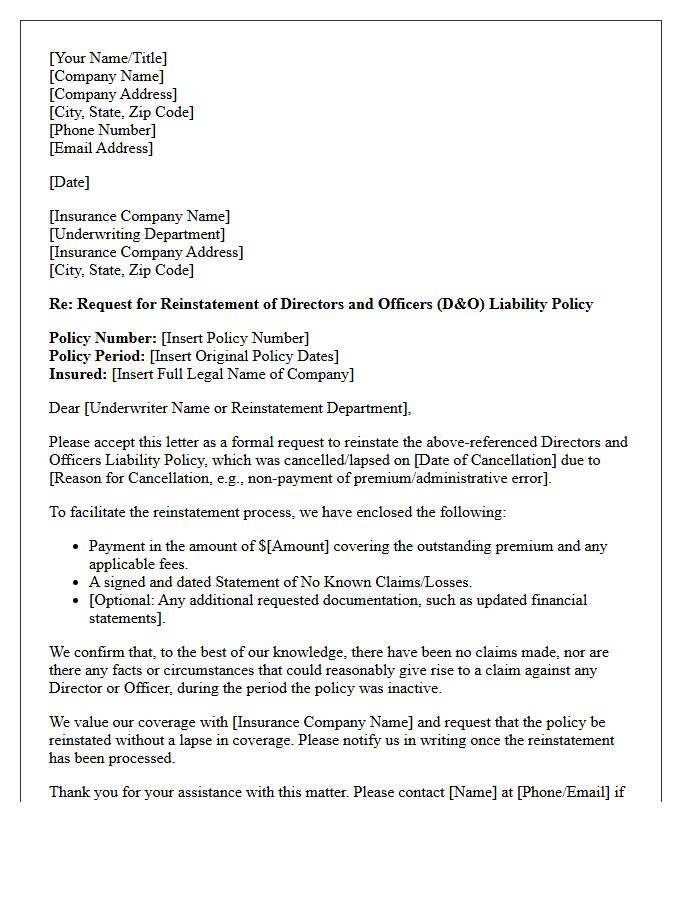 Directors and Officers Policy Reinstatement Request Letter