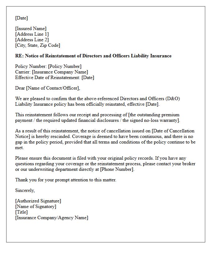 Directors and Officers Post-Cancellation Reinstatement Letter