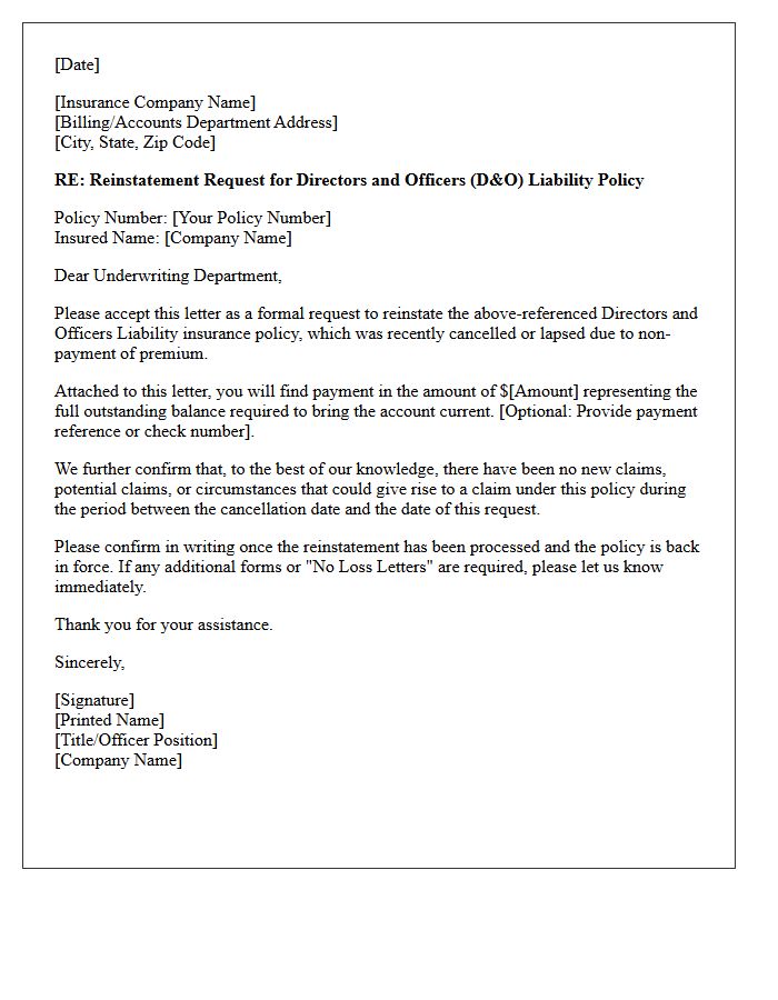 Directors and Officers Premium Payment Reinstatement Letter