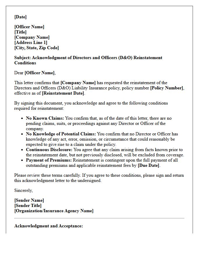 Directors and Officers Reinstatement Condition Acknowledgment Letter