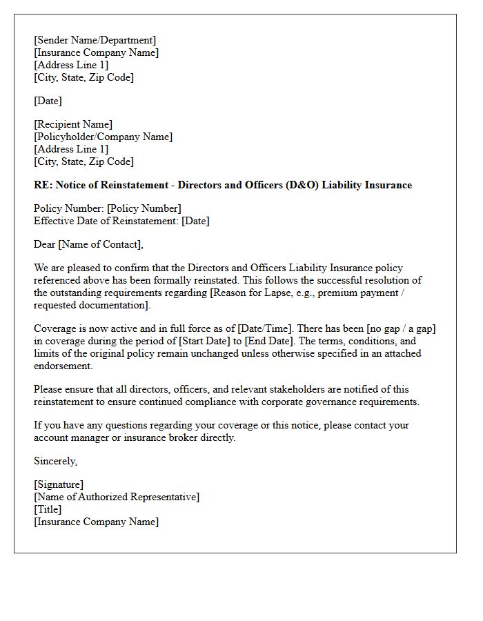 Formal Directors and Officers Coverage Reinstatement Letter