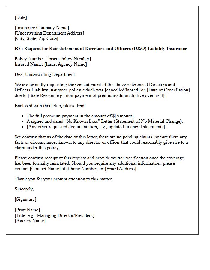 Insurance Agency Directors and Officers Reinstatement Letter