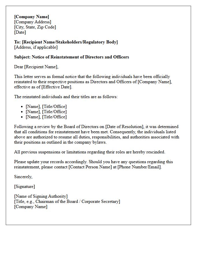 Notice of Directors and Officers Reinstatement Letter