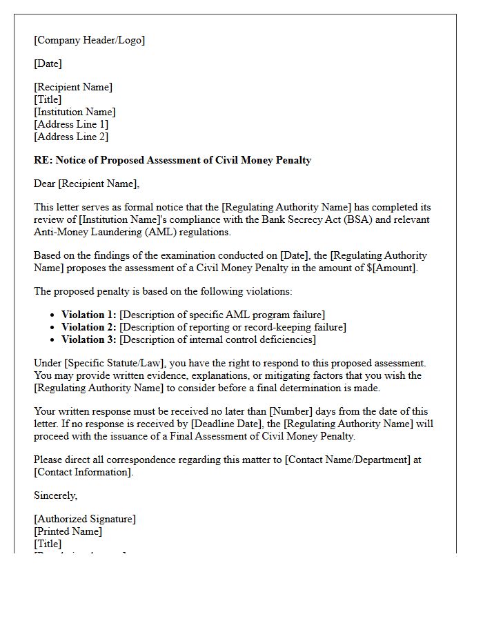 Anti-Money Laundering Civil Money Penalty Proposed Assessment Letter