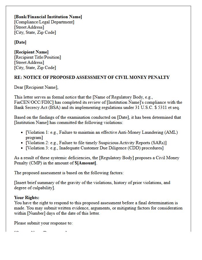 Bank Secrecy Act Violation Proposed Assessment Letter