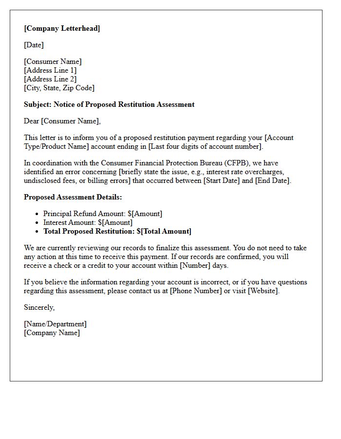 Consumer Financial Protection Bureau Restitution Proposed Assessment Letter