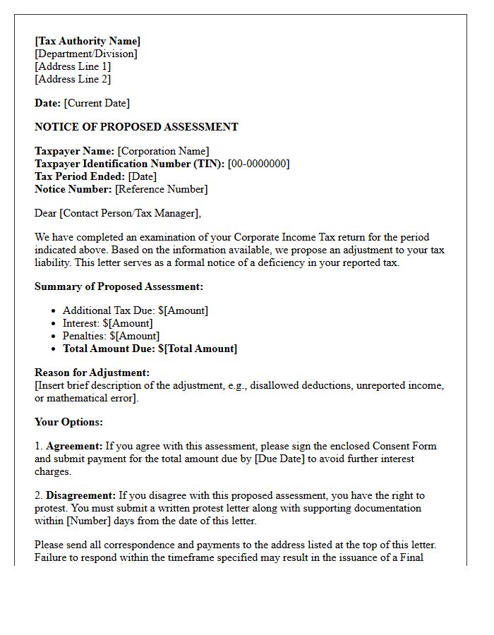Corporate Income Tax Deficiency Proposed Assessment Letter