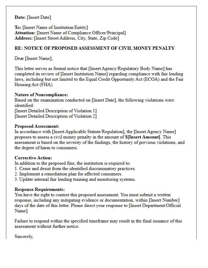 Fair Lending Noncompliance Fine Proposed Assessment Letter