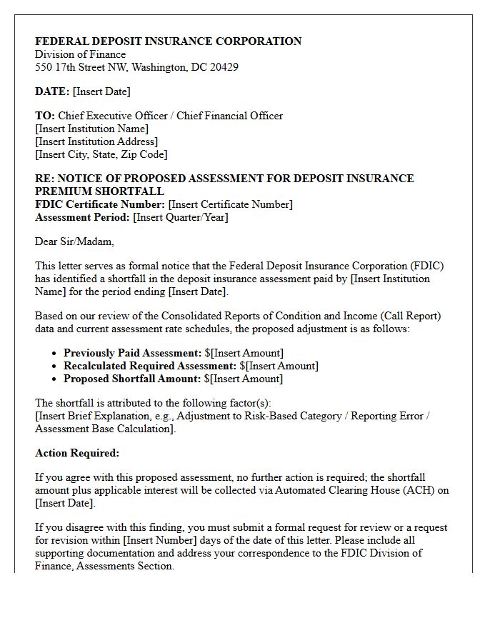 Federal Deposit Insurance Corporation Premium Shortfall Proposed Assessment Letter