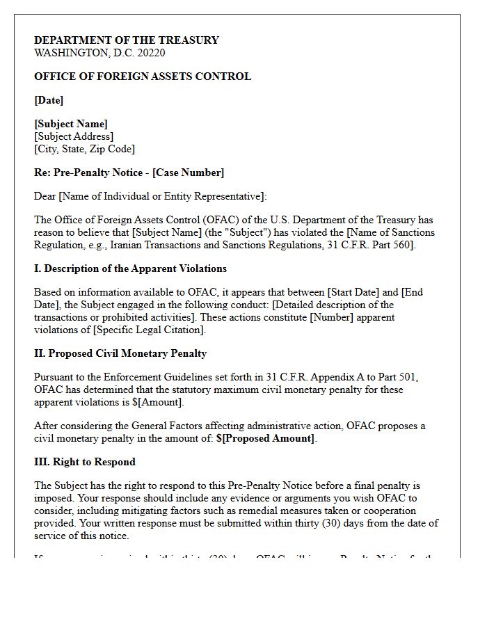 Office of Foreign Assets Control Penalty Proposed Assessment Letter