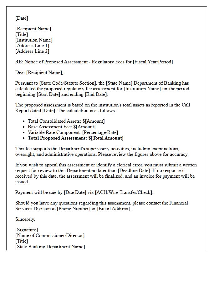 State Banking Department Regulatory Fee Proposed Assessment Letter
