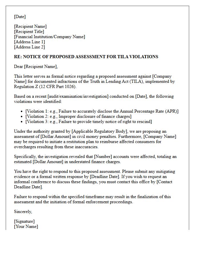 Truth in Lending Act Infraction Proposed Assessment Letter