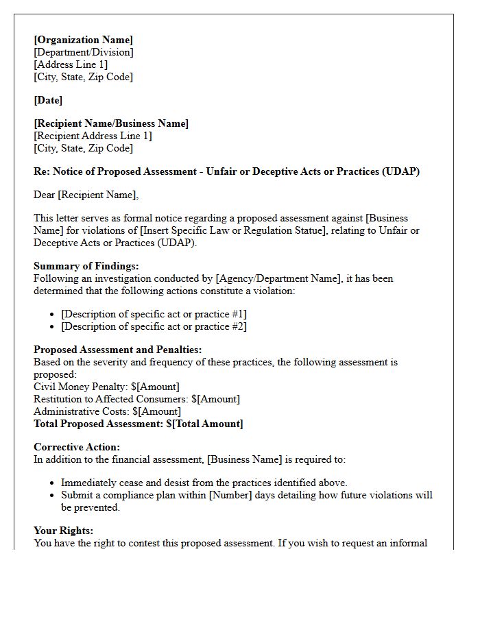 Unfair or Deceptive Acts Practices Proposed Assessment Letter