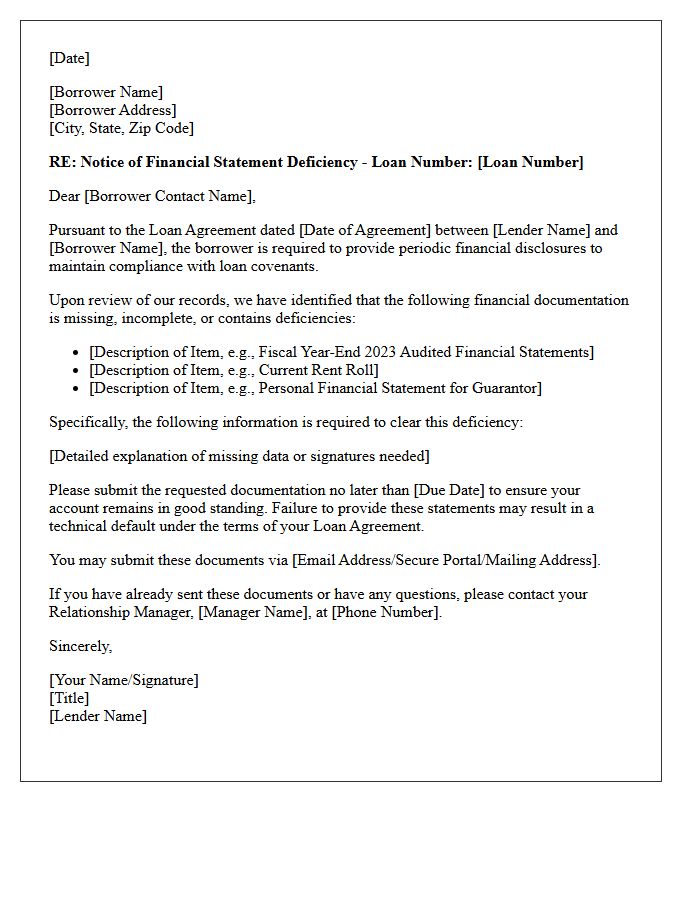 Commercial Loan Financial Statement Deficiency Letter
