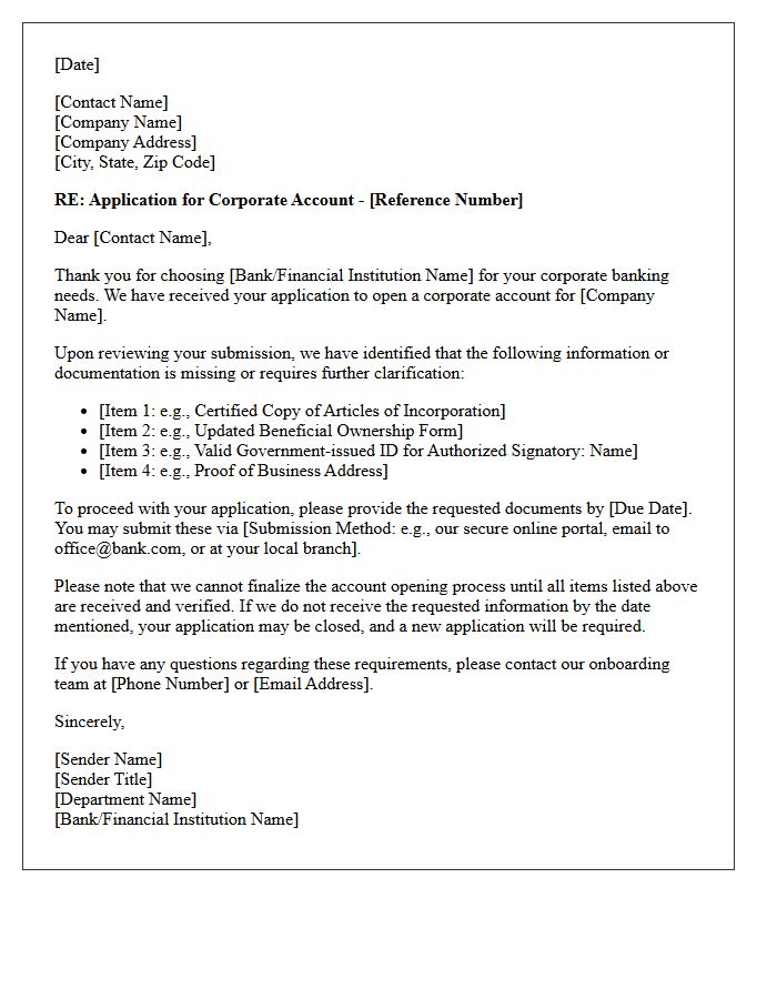 Corporate Account Opening Deficiency Letter