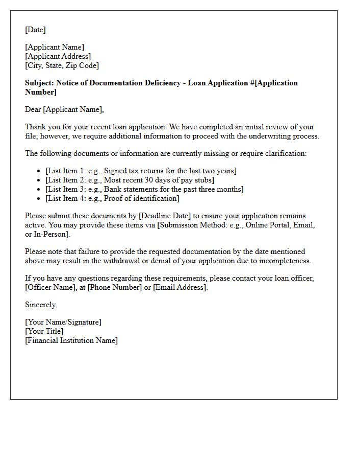 Loan Application Documentation Deficiency Letter