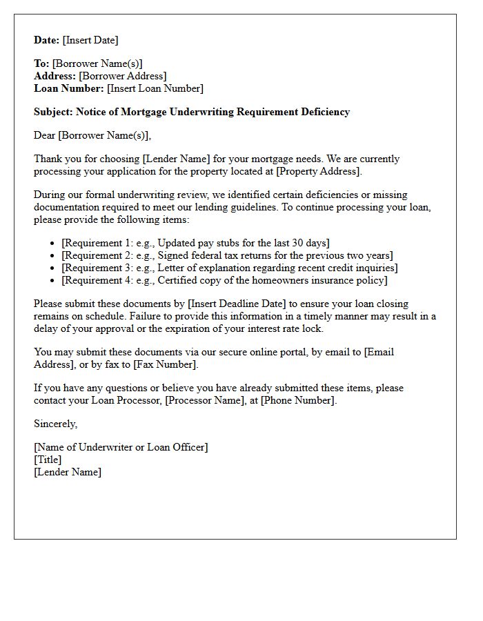 Mortgage Underwriting Requirement Deficiency Letter