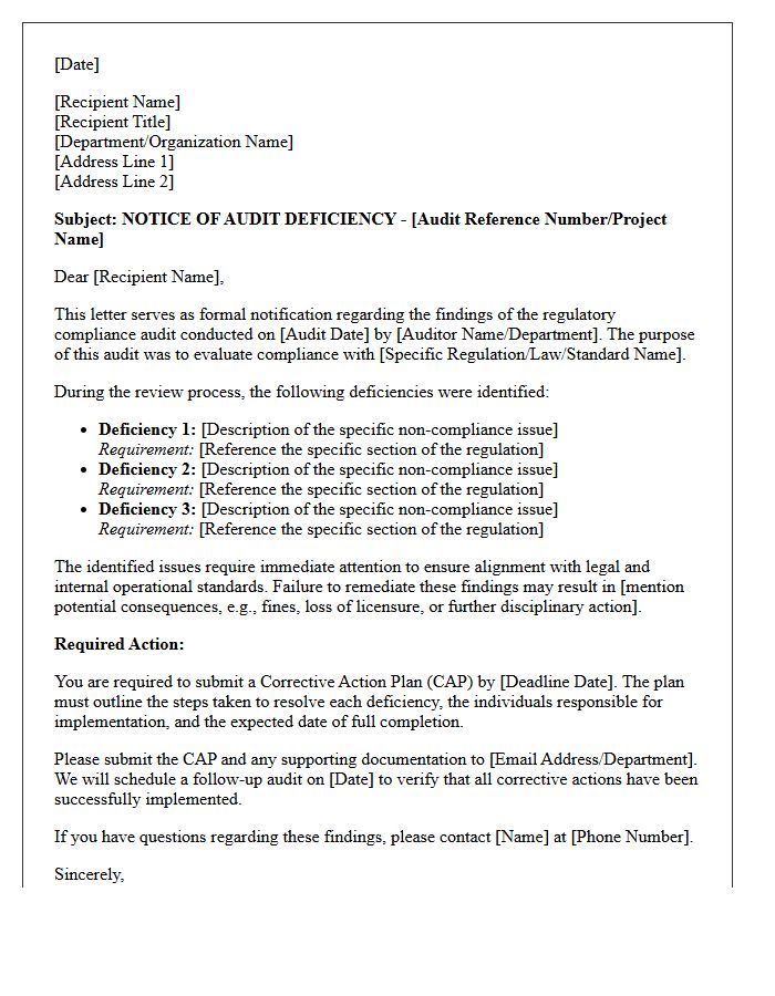 Regulatory Compliance Audit Deficiency Letter