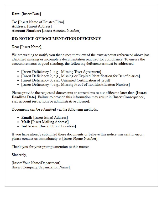 Trust Account Documentation Deficiency Letter