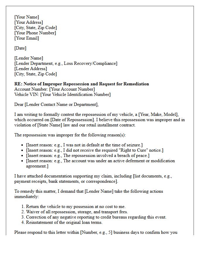 Auto Loan Improper Repossession Remediation Letter