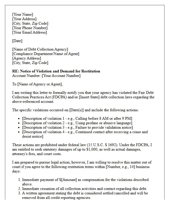 Debt Collection Violation Restitution Letter